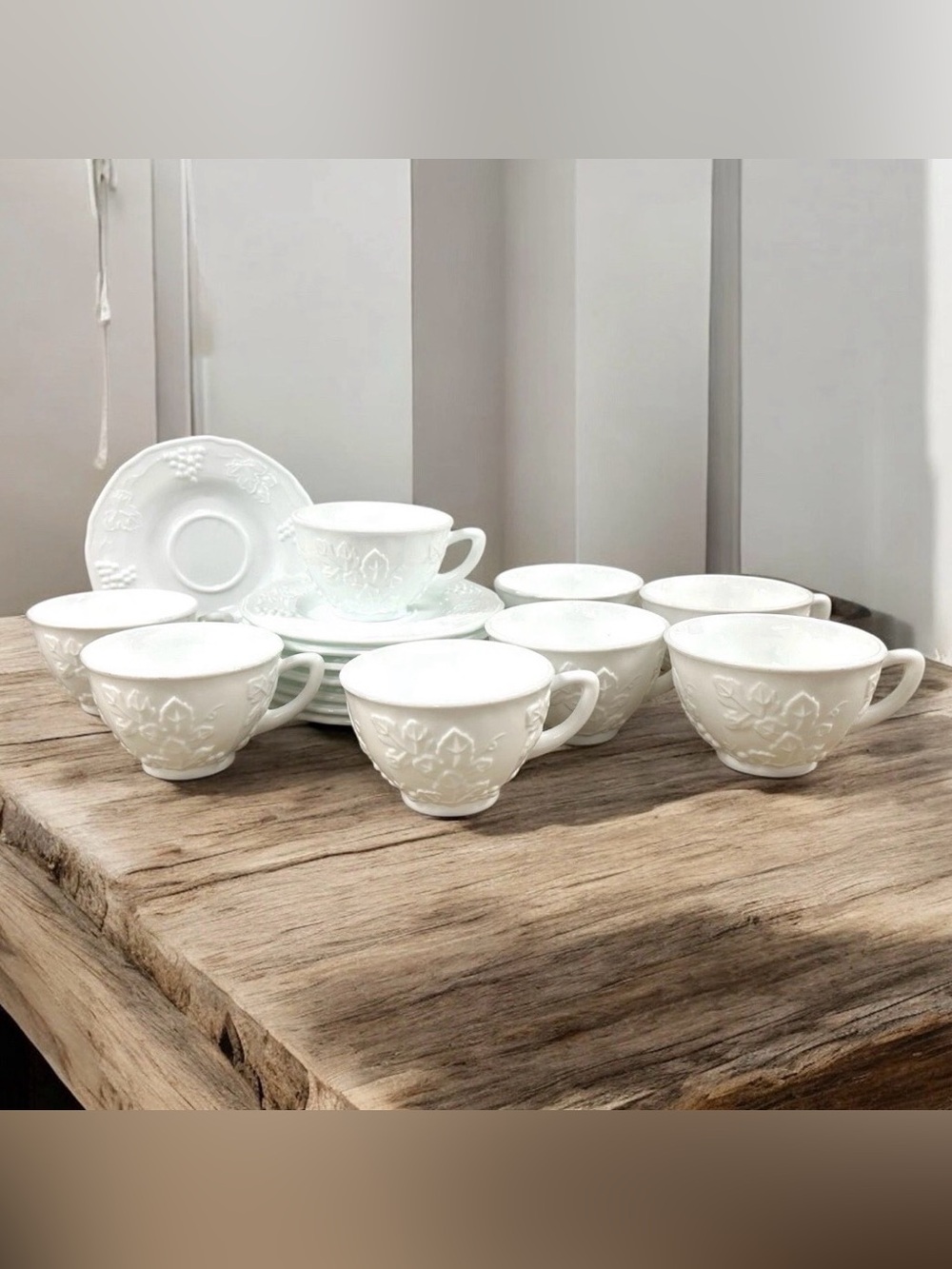 Colony Harvest Grape Milk Glass 8 Cups & Saucers Set Vintage Indiana Glass